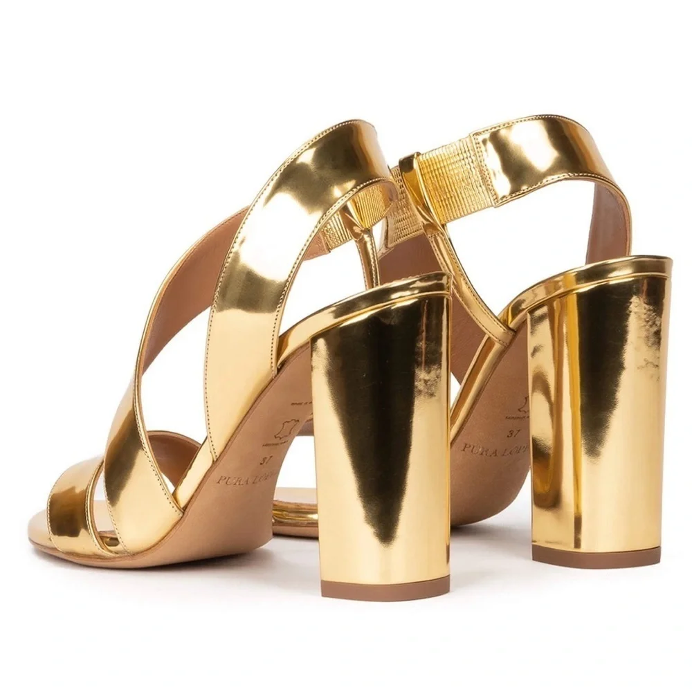 Pura Lopez Gold mirror Strappy Heels NYE block heel NWT size EU39 made in Spain